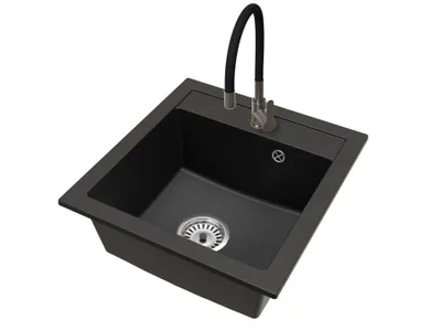Produktbild von Küchenspüle aus Granit Schwarz mit Flex Gun Gray Armatur und Siphon Chrom