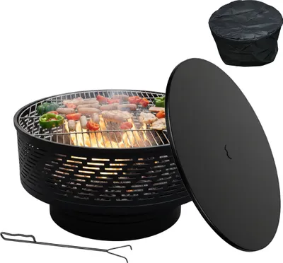 Obrázok produktu pre Relaxdays ohnište, Ø 66 cm, s roštom, vekom, pohrabákom a nepremokavým krytom, záhradné ohnište, čierne