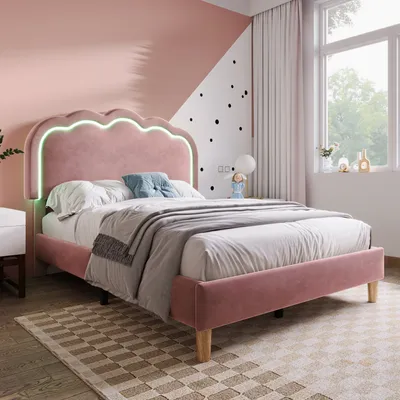 Produktbild von Flieks Polsterbett 90x190cm mit LED & Lattenrost, Jugendbett Kinderbett mit Verstellbarem Kopfteil, Einzelbett Holzbett Klassisches Bett, Samt, Rosa