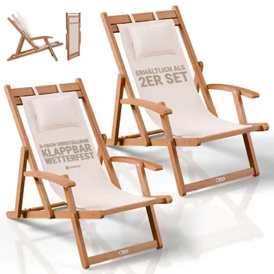 Produktbild von JUSKYS® Sonnenliege Tavira Creme - klappbar, verstellbar, 2er Set, Akazienholz