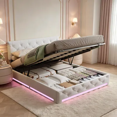 Produktbild von INONEFT Polsterbett 140x200cm mit LED, Boxspringbetten Doppelbett mit Stauraum, Jugendbett mit Lattenrost, Hydraulisches Stauraumbett, Leinen，Off-weiß