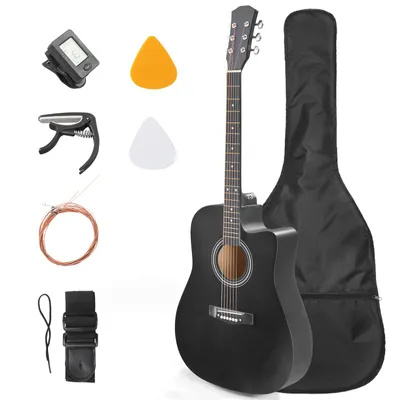 Produktbild von FCH Akustikgitarre 41 Zoll aus Massivholz für Anfänger – Decke aus Sapeli, hochpräzise Mechaniken – Schwarz