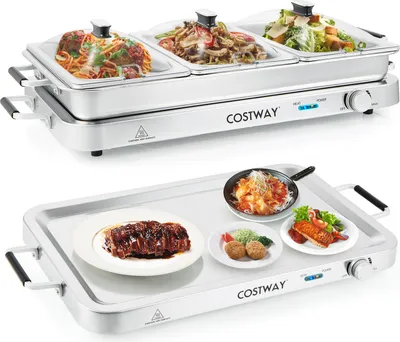 A collage of two images showcasing a silver buffet warmer with glass lids and a silver warming tray with food.