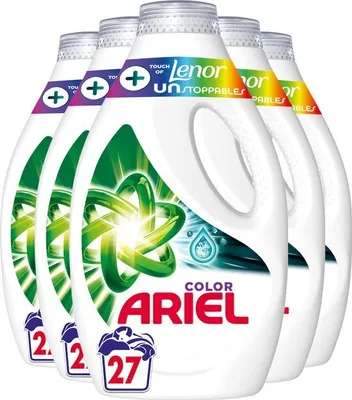 Produktbild von Ariel Flüssigwaschmittel + Touch Van Lenor Unstoppables – 5 x 27 Waschgänge – Vorteilspack