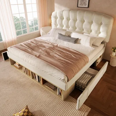 Produktbild von Flieks Polsterbett 140x190cm mit Schubladen, Stauraumbett Doppelbett mit Staufächern, Jugendbett Kinderbett mit verstellbarem Kopfteil, Samt, Beige