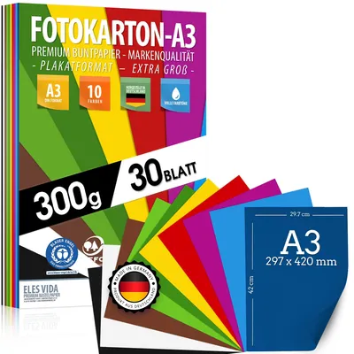 Produktbild von 30 Blatt BUNTES PAPIER DIN A3-300g/m² Fotokarton Set 10 Farben