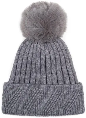 Produktbild von styleBREAKER Damen Strick Bommelmütze Rippenmuster, Grau