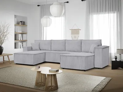 Productafbeelding van Eckbank Passio, U-vormig, met slaapfunctie en opbergruimte, 366 cm. Woonkamer set. Levering tot in de woning. Bank (model Poso 55 - grijs)