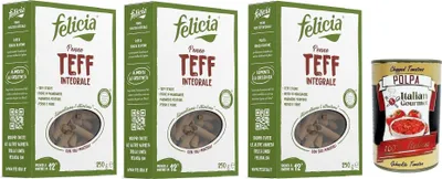 Produktbild von 3x Felicia Penne di Teff Integrale,Pasta mit 100% Vollkorn Teff,Authentischer Geschmack der äthiopischen Küche,Packung mit 250g + Italian Gourmet Polpa di Pomodoro 400g Dose