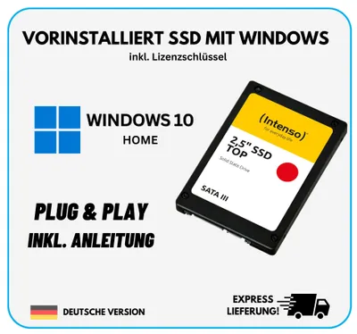 Marketing image for a pre-installed SSD with Windows 10 Home.