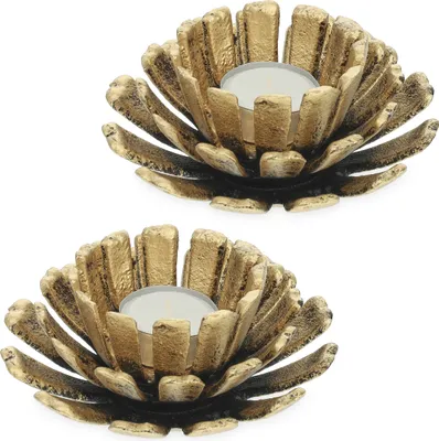 Produktbild von Relaxdays Teelichthalter, 2er Set, Blumenform, Teelichtständer Gusseisen, drinnen & draußen, HxD: 6 x 13,5 cm, gold