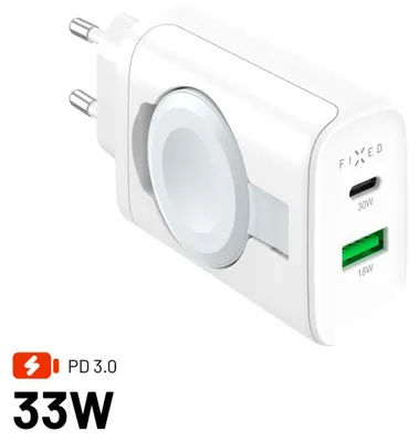 Obrázek produktu pro Síťová nabíječka FIXED Power Socket s USB-A a USB-C výstupem a vyklápěcí nabíječkou pro Apple Watch, 33W, bílá
