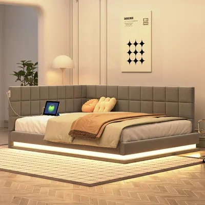 Imagen del producto de Cama tapizada de 140x200 cm con somier, toma de corriente USB y tira de luces LED. Sofá cama de lino en color gris con cajones que se pueden montar a ambos lados