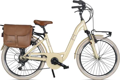A studio shot of a beige electric city bike with a brown leather saddlebag.