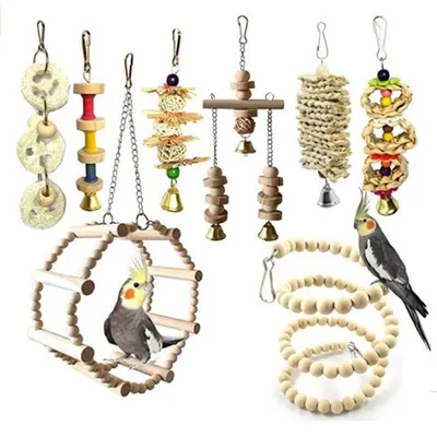 Produktbild von 8-teiliges Papageien-Spielzeug Set für Vogelkäfig - Hängende Schaukel, Glöckchen, Hängematte, Sitzstangen, Kau-Spielzeug aus Naturholz