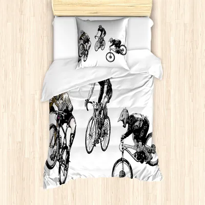 Produktbild von ABAKUHAUS Skizzenhaft Mantele, Sketch Radfahrer, Milbensicher Allergiker geeignet mit Kissenbezügen, 135 cm x 200 cm - 80 x 80 cm, Schwarz und weiß