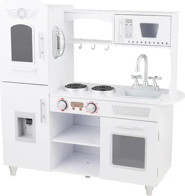 Produktbild von 4iQ Große Spielküche Spielzeug Küche aus Holz für Kinder TinyTotsKitchen Weiß 85,5x32x88,5 cm mit Zubehör und Kühlschrank