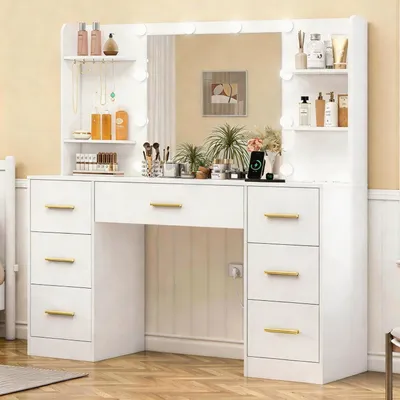 Produktbild von Schminktisch mit LED-Lichtern und Steckdosen, großer Spiegel, 7 Schubladen, 6 offene Regale, 5 Schmuckhaken, Weiß