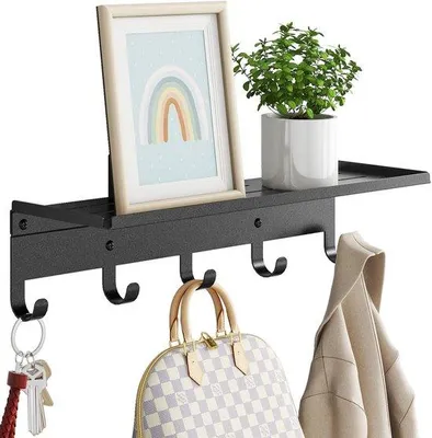 Zdjęcie produktu dla Wieszak naścienny Ibzoa® z metalu, w matowym czarnym kolorze, z półką i 5 haczykami – 43x10x12 cm, odporny na korozję, idealny do przedpokoju, łazienki i kuchni