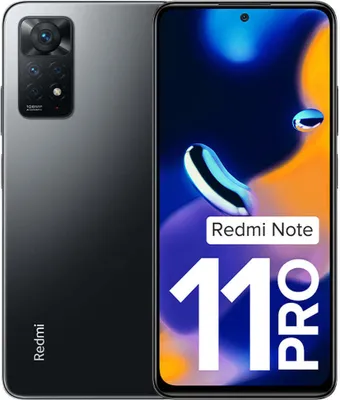 A marketing image of a Xiaomi Redmi Note 11 Pro 5G smartphone, showing the back and front of the device with promotional text on the screen.
