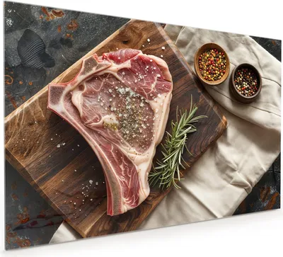 Produktbild von Küchenrückwand Spritzschutz Glas mit Motiv Steakauf Holzbrett 40 x 40 cm