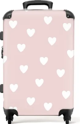 Produktbild von NoBoringSuitcases.com Kinder Koffer Mittelgroß 67x43x25 cm, 72L, Bunte Drucke für Mädchen: Rosa - Herzchen, Reisekoffer mit 4 Rollen