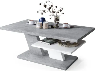 Produktbild von Moderne Wohnzimmertisch Conte, Beton + Weiß, mit Hochglanz-Oberfläche – Stilvolles Design & Praktische Funktion -05