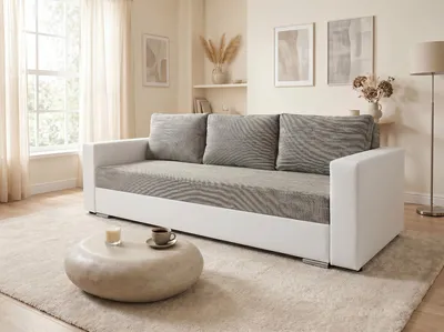 Produktbild von Schlafsofa Bird - Sofa mit Schlaffunktion und Bettkasten, Klappsofa, Schlafcouch mit Chromfüße, Couch, Couchgarnitur, Sofagarnitur (Weiß + Grau (Dolaro 511 + Berlin 01))