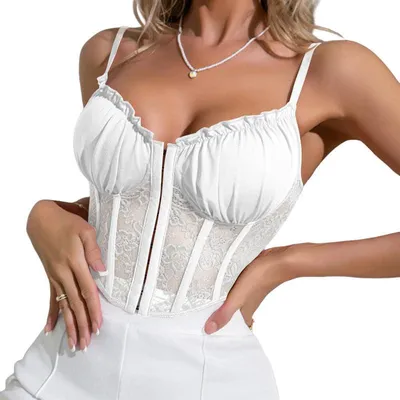 Immagine prodotto di Canotta corta da donna Haibang, in pizzo, sexy, con spalline sottili e scollo profondo. Realizzata in tulle trasparente
