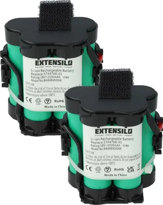 Produktbild von EXTENSILO 2x Akku kompatibel mit Husqvarna Automower 308 2014, 308 2013, 305 2012, 305 2014, 305 2013, 308, 305 2015 Rasenmäher (2500mAh 18V Li-Ion)