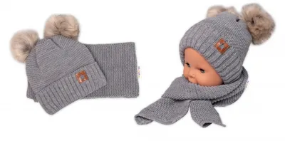 Obrázok produktu pre Baby Nellys Zimná čiapka s kožušinovými bambuľkami + šatka Star - sivá, 6/24 mesiacov