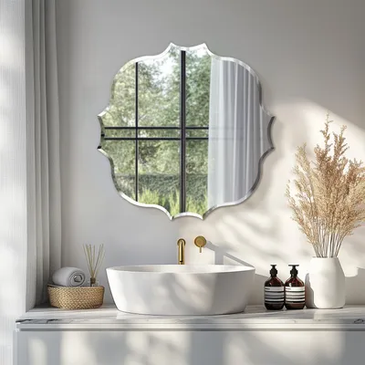 Immagine prodotto di Specchio da parete Vrygle 60×60 cm — Specchio decorativo con bordi smussati e ondulati, argento, HD. Specchio di alta qualità per soggiorno, camera da letto e bagno
