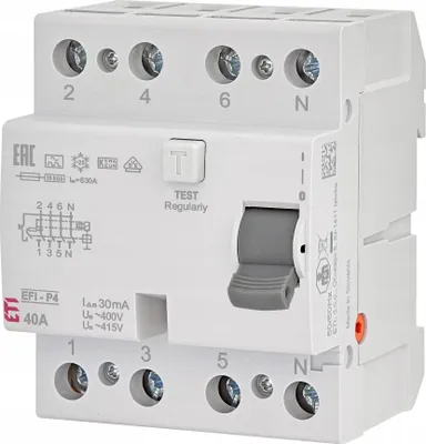 Zdjęcie produktu dla Wyłącznik różnicowoprądowy EFI-P4 40A/30mA/A, 4P, 4M, 10kA