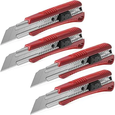 Immagine prodotto di Coltello da taglio professionale da 25 mm, confezione da 4 pezzi, coltello universale con sistema di blocco automatico e 2 lame di ricambio, ideale per PVC, pelle e materiali spessi
