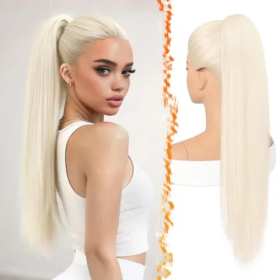 Produktbild von Pferdeschwanzverlängerung 70cm Glatt Platinblond Synthetik mit Kordelzug und Kammclip