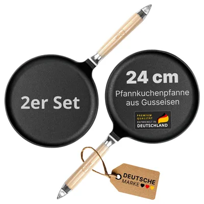 Produktbild von 2er Set Pfannkuchenpfanne 24 cm Crêpes - Bratpfanne aus Gusseisen Omlettpfanne Blinipfanne mit abnehmbarem Holzgriff für alle Herdarten inkl. Induktion