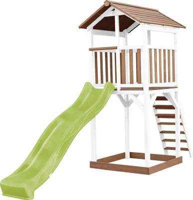Immagine prodotto di AXI Beach Tower Torre giochi in legno in marrone e bianco | Torre di gioco con sabbiera e scivolo verde chiaro | Casa per bambini su palafitte per il giardino