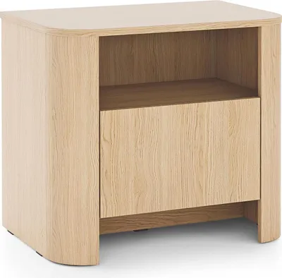 Produktbild von Aura Nachttisch 58 cm in Vicenza Eiche mit Push-to-Open Schublade und abgerundeten Seiten – modern und elegant