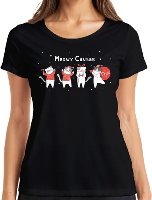Produktbild von Meowy Catmas Katzen Kätzchen - Weihnachten Weihnachtsgeschenk Christmas Damen T-Shirt, Schwarz, 3XL