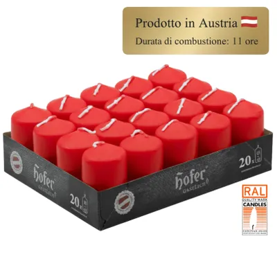 Immagine prodotto di HOFER Candele Rosse a Colonna 4×7 cm – Set 20 pz – 11 Ore di Lunga Durata – Senza Gocciolamento, Senza Fumo, Senza Profumo – Qualità RAL –  AT