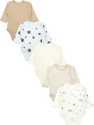 Produktbild von TupTam Baby Body Langarm – Wickelbody Langarm für Jungen & Mädchen, 5er Pack, 100% Baumwolle, , Farbe: Braun_Beige_Sterne_Tiere, Größe: 56