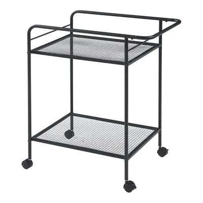 A black metal serving cart with two shelves and wheels, shown against a white background.