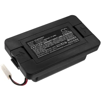 A black lithium-ion battery pack with a white connector cable is shown against a white background.