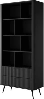Image de BETTSO Etagère avec 2 tiroirs Façades rainurées pieds noirs poignées noires Etagère sur pied LANTE noir