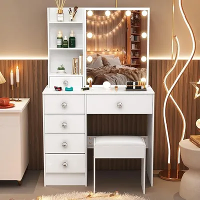 Productafbeelding van Make-uptafel met LED-verlichting, kaptafel met spiegel voor make-up, cosmetische tafel met spiegel, 3 kleuren met instelbare helderheid, wit (M39)