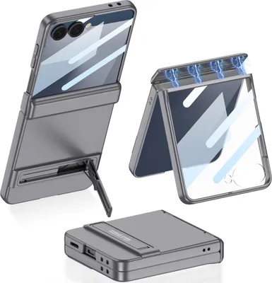 Obrázek produktu pro Pouzdro pro Samsung Galaxy Z Flip 7, magnetická ochrana pantu, tvrdé matné PC pouzdro s ochranou displeje a stojánkem Šedá