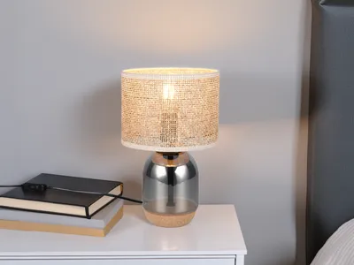 Produktbild von Ausgefallene LED Tischlampe 32cm mit Glasfuß, Kork und Lampenschirm aus Rattan