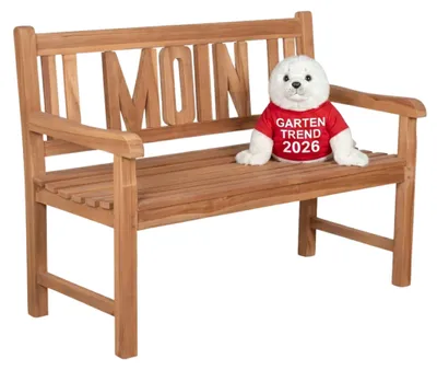 Produktbild von Gartenbank Teakholz 120 cm mit Motiv-Rückenlehne – massiv, wetterfest, zeitlos
