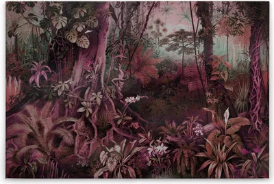 Produktbild von Leinwandbild Urwald 60 x 90 cm - Wandbild Dschungel Rot Pink - Keilrahmen Wald Wohnzimmerdeko Wanddeko Wandgemälde