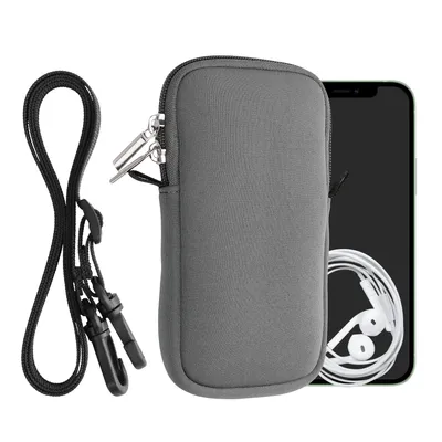 Produktbild von kwmobile Handytasche für Smartphones L - 6,5" - Neopren Handy Hülle Grau mit Kordel - Handy Tasche mit Handykette 16,5 x 8,9 cm Innenmaße